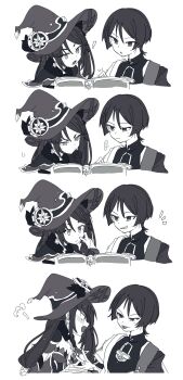 ! 1boy 1girl arm_at_side blunt_bangs blunt_ends blush bodystocking bodysuit book cheek_pinching closed_mouth crescent crescent_hat_ornament earrings eyeliner eyeshadow fur_collar genshin_impact gloves grin hair_between_eyes hand_on_own_face hat hat_ornament hetero highres iris_hapic japanese_clothes jewelry kimono leotard light_blush long_hair looking_at_another looking_at_object makeup mandarin_collar middle_ring mona_(genshin_impact) notice_lines open_book open_hand open_mouth parted_bangs pinching ponytail_holder puff_of_air reading scaramouche_(genshin_impact) sequential short_sleeves shoulder_peek smile squinting star_(symbol) star_earrings star_hat_ornament teasing teeth tongue tongue_out tsurime twintails wanderer_(genshin_impact) wide-eyed witch_hat