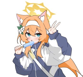 1girl absurdres animal_ears blue_archive byomssui cat_ears cat_girl commentary_request food green_eyes gym_uniform hair_between_eyes halo highres holding holding_food holding_ice_cream ice_cream long_hair looking_at_viewer mari_(blue_archive) mari_(track)_(blue_archive) official_alternate_costume orange_hair simple_background solo tongue tongue_out white_background yellow_halo
