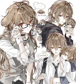 Rule 34 | 1girl, 2boys, aged down, ahoge, akechi gorou, alternate costume, animal ears, bespectacled, black-framed eyewear, black choker, black hoodie, black necktie, bow, bowtie, brown hair, carrying, carrying person, character doll, choker, dog ears, dog girl, doll, genderswap, genderswap (mtf), glasses, grey vest, hair between eyes, highres, holding, holding doll, hood, hoodie, kemonomimi mode, konosekaino920, medium hair, multiple boys, multiple views, necktie, objectification, persona, persona 5, red eyes, sample watermark, semi-rimless eyewear, shirt, simple background, sleeves rolled up, striped clothes, time paradox, vertical-striped clothes, vertical-striped necktie, vest, watermark, white background, white shirt, white wrist cuffs, wrist cuffs