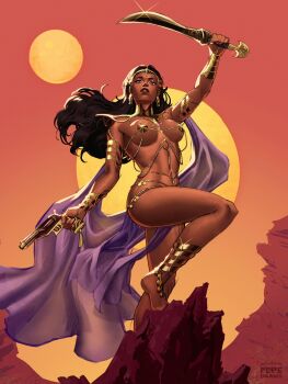 1girl a_princess_of_mars arm_up asymmetrical_dual_wielding barefoot barsoom belly_chain body_jewelry breasts brown_hair character_name circlet commentary commission dark-skinned_female dark_skin dejah_thoris dual_wielding earrings floating_clothes floating_hair full_moon gold_circlet gold_earrings gun highres holding holding_gun holding_sword holding_weapon jewelry knee_up large_breasts long_hair midriff moon navel outdoors parted_lips pelvic_curtain pepedraws purple_eyes purple_loincloth revealing_clothes rock scimitar sideboob sky solo sword underboob weapon yellow_sky