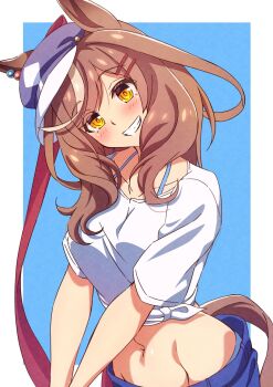 1girl animal_ears blue_background blush breasts brown_eyes collarbone commentary_request hair_between_eyes hair_ornament hat highres horse_ears horse_girl horse_tail looking_at_viewer masaki_(masaki_470) matikanetannhauser_(umamusume) medium_breasts medium_hair pants shirt simple_background tail umamusume