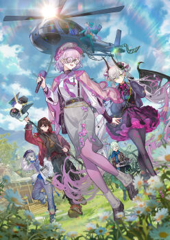 3boys 3girls aircraft antlers artist_request black_dress black_hands blue_sky blush breasts colored_extremities crossed_bangs dante_alighieri_(fate) demon_girl demon_horns demon_wings dress earrings fate/grand_order fate_(series) flower green_eyes green_hair grey_hair hair_between_eyes hair_over_one_eye helicopter highres horns indra_(fate) jewelry large_breasts lilith_(fate) long_hair looking_at_viewer louhi_(fate) mash_kyrielight medium_breasts multiple_boys multiple_girls official_art open_mouth pink_hair pointy_ears purple_dress purple_eyes short_hair sky small_breasts smile toudou_heisuke_(fate) twintails very_long_hair wings