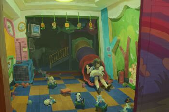 1girl analog_clock animal baby_animal ball blue_skirt chinese_commentary clock commentary_request crt dog doorway fire_extinguisher hair_flaps hair_ornament highres holding holding_animal indoors lamb looking_at_viewer medium_hair original sailor_collar shanchi sheep short_sleeves sitting skirt slide socks solo stuffed_animal stuffed_duck stuffed_panda stuffed_rabbit stuffed_toy teddy_bear television waving white_sailor_collar wide_shot