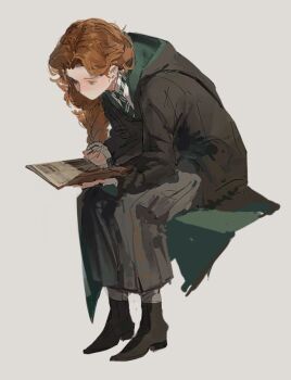 Rule 34 | 1girl, black boots, black robe, blue eyes, book, boots, collared shirt, full body, green necktie, grey skirt, gynger edventray (hiiragimare), hiiragimare, hogwarts legacy, hogwarts school uniform, holding, holding book, hooded robe, long hair, looking at object, necktie, original, red hair, robe, school uniform, shirt, simple background, sitting, skirt, slytherin, solo, white background, white shirt, wizarding world