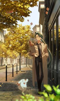 1girl absurdres autumn autumn_leaves bag bird blurry blurry_foreground bread carrying city coat drifloon ear_piercing elephant fletchling food full_body gen_2_pokemon gen_4_pokemon gen_6_pokemon green_hair highres leaf long_hair nintendo open_mouth outdoors paper_bag phanpy piercing pokemon pokemon_sv ponytail red_eyes rika_(pokemon) slice_of_life smile solo stone_walkway trench_coat utkw_n very_long_hair walking window