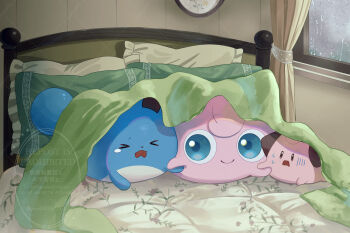 &gt;_&lt; absurdres blanket blue_eyes brown_eyes cleffa closed_eyes closed_mouth commentary curtains gen_1_pokemon gen_2_pokemon highres holding_hands indoors jigglypuff marill nintendo no_humans on_bed open_mouth pillow piyokonoenikki_04 pokemon pokemon_(creature) pokemon_focus rain scared single_tear smile sweat symbol-only_commentary under_covers watermark window