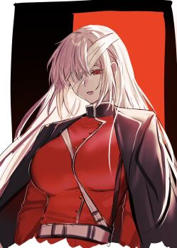 1girl bandage_over_one_eye breasts buttons closed_mouth commentary_request cropped_torso fate/grand_order fate_(series) florence_nightingale_(berserker)_(fate) hana_hanada high_collar highres jacket jacket_on_shoulders lapels large_breasts long_hair looking_down peaked_lapels pink_hair red_eyes solo teeth upper_body upper_teeth_only