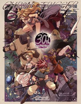 6+boys 6+girls anniversary armor ayla_(chrono_trigger) baby bag baggy_pants bare_shoulders bike_shorts black_shirt black_shorts blonde_hair blue_gemstone blue_hair blue_tunic boots bow_(weapon) breasts brown_boots brown_gloves cavewoman chrono_trigger cleavage cloak closed_eyes crono_(chrono_trigger) crossbow crown curly_hair dalton dress everyone eyepatch fighting_stance frog_(chrono_trigger) frog_boy full_body fur_shirt fur_skirt fur_wrist_cuffs furrowed_brow gem glasses gloves green_cloak grey_fur grey_hair gun headband headset helmet highres holding holding_crossbow holding_gun holding_sword holding_weapon katana kid_(chrono_cross) long_hair long_sleeves lucca_ashtear magus_(chrono_trigger) marle_(chrono_trigger) maruno medium_breasts midriff multiple_boys multiple_girls navel neckerchief open_mouth orange_tunic pants pointy_ears ponytail purple_dress purple_hair queen_zeal red_cloak robo_(chrono_trigger) robot romper schala_zeal shirt shorts shoulder_armor shoulder_bag smile sparkle spiked_hair strapless strapless_shirt sword tunic upper_body weapon white_headband white_pants white_romper wrist_cuffs yellow_neckerchief