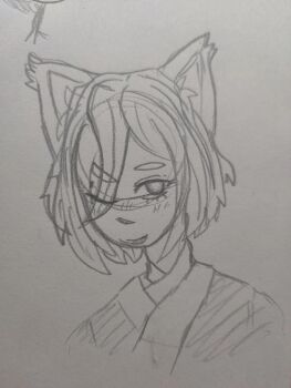 Rule 34 | animal ears, beast folk, cat ears, cat girl, doodle, highres, isekai shikkaku, paper, pen, sacchan (isekai shikkaku)