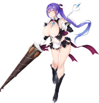 1girl bare_legs bare_shoulders black_boots blue_eyes boots breasts choukou_(alicesoft) choukou_taisen_escalation_heroines cleavage covered_navel highres holding holding_polearm holding_weapon lance nanahara_fuyuki official_art panties pantyshot polearm ponytail purple_hair solo spica_(escalation_heroine) tachi-e thick_thighs thigh_boots thighs underwear weapon white_panties