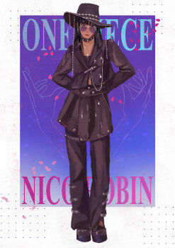 1girl arms_behind_back black_hat black_jacket black_pants black_shoes black_skirt blue_eyes blunt_bangs character_name choker commentary copyright_name english_commentary full_body hat highres jacket jewelry limeariee medium_hair necklace nico_robin one_piece pants shoes skirt solo sunglasses