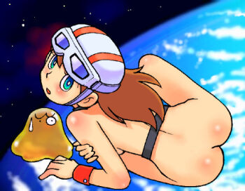 1girl ass back blob blue_eyes brown_hair buyoyon earth_(planet) goggles helmet looking_back lowres lying nude oekaki on_side planet ramb_chop riimu_stream slime_(creature) tp_bon wristband