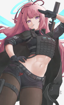 Rule 34 | 1girl, absurdres, ambriel (arknights), arknights, arm up, belt, belt pouch, black cape, black gloves, black shirt, black shorts, body armor, brown pantyhose, cape, commentary, commission, cowboy shot, crop top, elbow sleeve, elvera, english commentary, gloves, hair ribbon, half updo, halo, hand on own hip, highres, long hair, looking at viewer, midriff, mouth hold, navel, pantyhose, pink hair, pixiv commission, pouch, purple eyes, ribbon, salute, shirt, short shorts, shorts, solo, standing, stomach, thigh belt, thigh strap, two-finger salute, vest, weapon, weapon on back