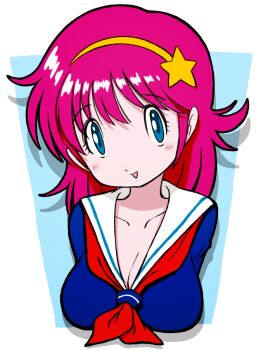 Rule 34 | 1girl, :d, asamiya athena, beeru (veil8801), blue eyes, breasts, cleavage, collarbone, commentary request, drop shadow, eyelashes, hairband, highres, large breasts, long hair, neckerchief, open mouth, pink hair, psycho soldier, red neckerchief, sailor collar, school uniform, serafuku, smile, solo, star (symbol), star hairband, upper body, white sailor collar, yellow hairband