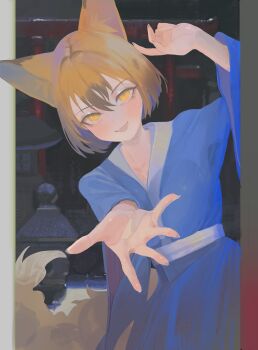 Rule 34 | 1girl, absurdres, animal ears, blonde hair, blue kimono, breasts, commentary, english commentary, fingernails, fox ears, fox girl, fox tail, hair between eyes, highres, japanese clothes, kimono, light blush, looking at viewer, offering hand, open mouth, original, outside border, polilla, sharp fingernails, shrine, smile, tail, torii, welcoming, yellow eyes