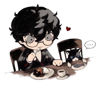 ... 1boy :3 amamiya_ren animal black_hair black_jacket blue_eyes buttoned_cuffs buttons cat chair coffee cup curry curry_rice fish food grey_eyes heart highres holding holding_spoon jacket lapels layered_sleeves long_sleeves lower_eyelashes_only male_focus morgana_(cat)_(persona_5) morgana_(persona_5) persona persona_5 plate rice saichuu_(more1208) school_uniform shirt shuujin_academy_school_uniform sitting speech_bubble spoken_ellipsis spoon suit_jacket table teacup white_shirt