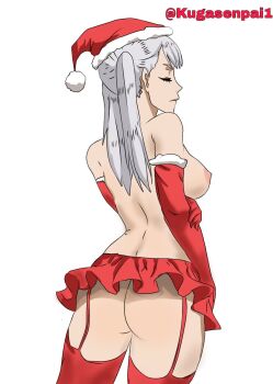 1girl arm_sleeves arm_under_breasts ass black_clover bottomless breasts christmas closed_eyes closed_mouth cosplay hat holding_own_arm kugasenpai1 long_hair miniskirt nipples no_bra no_panties noelle_silva santa_claus santa_claus_(cosplay) santa_costume santa_hat sideboob silver_hair skirt solo standing thighs traced twintails watermark white_background