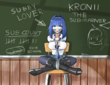 1girl absurdres arms_behind_back bdsm black_boots black_bra blue_eyes blue_hair blue_necktie board_eraser bondage boots bound bound_legs bra breasts chain chain_headband chair chalkboard commentary english_commentary gag hair_intakes highres holocouncil hololive hololive_english holopromise improvised_gag iree large_breasts lipstick_mark loose_necktie necktie open_clothes open_shirt ouro_kronii restrained school school_chair school_uniform shirt skirt tape tape_bondage tape_gag underwear virtual_youtuber white_shirt