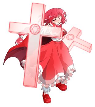 1girl alphes_(style) blush bobby_socks bow bowtie braid capelet commentary_request cross dairi frilled_skirt frills full_body hair_between_eyes hair_bow hexagram highres large_variant_set loafers long_braid long_hair long_skirt long_sleeves okazaki_yumemi parody red_bow red_bowtie red_capelet red_hair red_shirt red_shoes red_skirt see-through_clothes shirt shoes single_braid skirt skirt_set socks solo standing style_parody tachi-e touhou touhou_(pc-98) transparent_background undershirt variant_set white_bow white_shirt white_socks