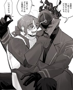 1boy 1other absurdres amputee antenna_hair antennae apron bags_under_eyes beard_stubble blood bloody_knife bloody_weapon blush cigarette cleaver clock clock_face coat dante_(limbus_company) facial_hair feet_out_of_frame fire formal_clothes from_side glasses gloves gregor_(project_moon) greyscale height_difference highres holding holding_cleaver holding_knife holding_weapon joints kitchen_knife knife lapels limbus_company long_hair long_sleeves looking_at_another looking_down looking_up low_ponytail lower_teeth_only male_focus mechanical_arms monochrome mouth_hold multiple_boys notched_lapels object_head open_mouth pants parted_bangs ponytail project_moon prosthesis prosthetic_arm r.b._(identity)_(project_moon) raised_eyebrows semi-rimless_eyewear sexually_suggestive shirt sidelocks simple_background single_mechanical_arm sitting sitting_on_lap sitting_on_person smile smoking speech_bubble stubble sweatdrop sweater talking teeth tongue turtleneck turtleneck_shirt turtleneck_sweater under-rim_eyewear upper_body weapon white_background yaoi