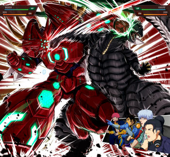4boys absurdres arikawa_yun armor bandai_namco black_hair bones_(company) cheering claws clenched_hands clove crosscounter crossover energy fangs gaijin_4koma_(meme) gameplay_mechanics gauma getter_emperor getter_rays getter_robo getter_robo_arc giant giant_monster giant_robot ginga_no_kou glasses glowing godzilla godzilla_(series) godzilla_singular_point godzilla_ultima green_light grey_hair gridman_universe hair_between_eyes heads-up_display highres horns jacket kaiju long_sleeves mecha mecha_focus mecha_pilot_suit meme monster multiple_boys multiple_crossover muscular nagare_takuma open_mouth orange_(company) parody red_armor red_hair robot scales scar scar_on_face sharp_teeth shirt short_hair sitting sleeveless spikes spines ssss.dynazenon super_robot super_robot_wars super_robot_wars_y tail teeth toho tokusatsu trigger_(company) tsuburaya_productions tsukinowa_cross user_interface very_long_tail white_shirt yellow_eyes
