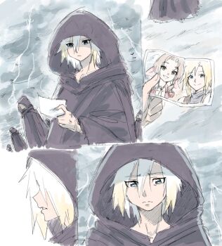 aerith_gainsborough bervens12 black_robe blonde_hair blue_eyes brown_hair cloud_strife final_fantasy final_fantasy_vii final_fantasy_vii_rebirth final_fantasy_vii_remake hair_between_eyes hair_over_eyes highres holding holding_photo hood hood_up hooded_robe light_frown lightning looking_at_object male_focus parted_lips photo_(object) pink_ribbon ribbon robe selfie short_hair