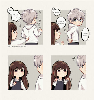 blue_eyes blunt_bangs brown_eyes brown_hair chibi chibi_only commentary english_commentary grey_hair grey_overalls hair_between_eyes highres hood hood_down hoodie long_hair looking_at_another love_and_deepspace nijinoji overalls protagonist_(love_and_deepspace) short_hair sweater tickling twitter_username white_hoodie white_sweater xavier_(love_and_deepspace)