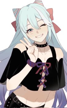 1boy androgynous bare_shoulders blue_eyes blue_hair collarbone cone_hair_bun crossdressing crossdressing_(mtf) dr_metagross drill_hair fire_emblem fire_emblem_engage hair_bun hair_horns highres long_hair looking_at_viewer nintendo pink_hair rosado_(fire_emblem) smile solo stomach trap v