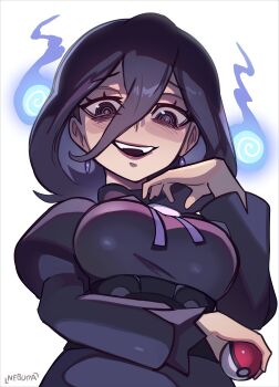 1girl absurdres alternate_breast_size_(larger) artist_name bags_under_eyes blue_fire breasts dress earrings fire ghost hex_maniac_(pokemon) hex_maniac_(pokemon_legends:_z-a) highres jewelry juliet_sleeves large_breasts long_hair long_sleeves looking_at_viewer looking_down nebura_(neburaart) neck_ribbon nintendo open_mouth poke_ball poke_ball_(basic) pokemon pokemon_legends:_z-a puffy_sleeves purple_dress purple_eyes purple_hair purple_ribbon ribbon sphere_earrings teeth upper_teeth_only