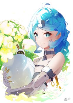 1girl absurdres ahoge bangboo_(zenless_zone_zero) bare_shoulders blue_eyes blue_hair blush bouquet closed_mouth clothing_cutout commentary_request detached_sleeves flower flower_hairpin formal_clothes gloves hair_intakes hair_ornament hairpin highres holding holding_bouquet leaf long_hair looking_at_viewer mole mole_on_shoulder ponytail see-through_dress_layer seed_(zenless_zone_zero) side_cutout simple_background smile solo suit upper_body white_background white_flower white_gloves white_suit zenless_zone_zero zeroartwo