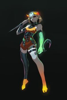 1girl absurdres ancient_greek_clothes asymmetrical_arms black_sclera blonde_hair bone colored_sclera dress full_body glowing_arm greco-roman_clothes green_arm green_eyes green_lips hades_(series) hades_2 highres holding holding_sickle laurel_crown looking_at_viewer melinoe_(hades) mismatched_sclera orange_dress red_eyes roxy_thefoxy see-through_body sickle skeletal_arm