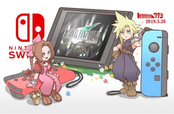 1997 1boy 1girl aerith_gainsborough armor artist_name baggy_pants bandaged_arm bandages bangle belt blonde_hair blue_eyes blue_pants blue_shirt boots bracelet braid braided_ponytail breasts brown_belt brown_boots brown_gloves brown_hair center_opening chibi chibi_only choker cleavage closed_mouth cloud_strife controller cropped_jacket dated dress earrings final_fantasy final_fantasy_vii fingerless_gloves flower flower_basket full_body game_controller gloves grass green_eyes hair_between_eyes hair_bobbles hair_ornament hair_ribbon hand_on_own_hip highres jacket jewelry joy-con lesuna lily_(flower) long_dress long_hair male_focus materia medium_breasts nintendo_switch open_mouth pants parted_bangs pauldrons pink_dress pink_ribbon red_flower red_jacket ribbon ribbon_choker shirt short_hair short_sleeves shoulder_armor sidelocks simple_background single_bare_shoulder single_braid single_earring single_pauldron sitting sleeveless sleeveless_turtleneck smile spiked_hair square_enix standing suspenders turtleneck white_background white_flower