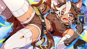 1girl :d abs ahoge animal_ear_fluff animal_ears arm_pouch bare_shoulders belt_pouch blue_sky boots breast_pocket breasts brown_boots brown_eyes brown_gloves brown_hair brown_hat brown_shirt brown_shorts card cloud commentary_request commission cowboy_hat crop_top day fuji_tarawi gloves groin hair_between_eyes hat holding holding_card holding_removed_eyewear horse_ears horse_girl horse_tail indie_virtual_youtuber knee_boots large_breasts layered_gloves looking_at_viewer midriff multicolored_hair navel open_mouth pocket pouch shirt short_hair short_shorts shorts sidelocks skeb_commission sky sleeveless sleeveless_shirt smile solo star_(symbol) star_in_eye sunglasses symbol_in_eye tail teeth thighhighs tomoe_umari tomoe_umari_(umari_3.0) torn_clothes torn_thighhighs unworn_eyewear unworn_headwear virtual_youtuber white_gloves white_hair white_thighhighs