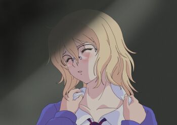 2girls andou_(girls_und_panzer) bc_freedom_school_uniform blonde_hair blue_cardigan blue_sweater blush cardigan closed_eyes diagonal-striped_clothes diagonal-striped_necktie dress_shirt girls_und_panzer glasses hands_on_another's_shoulders highres indoors kyon long_hair long_sleeves mito_(mitotank) multiple_girls nagato_yuki necktie oshida_(girls_und_panzer) scene_reference school_uniform shirt striped_clothes striped_necktie suzumiya_haruhi_no_shoushitsu suzumiya_haruhi_no_yuuutsu sweater white_shirt