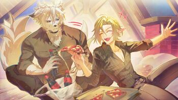 +++ 2boys afterimage animal_ears bag black_pants black_shirt body_fur cola collar collarbone colored_tips commentary_request food furry furry_male hair_between_eyes highres holding holding_food holding_pizza hugo_vlad indoors looking_at_another male_focus mole mole_under_eye motion_lines multicolored_hair multiple_boys omochi_1010_2 on_bed open_mouth outstretched_arm pants parted_lips pizza pizza_box pizza_slice pointy_ears red_eyes scar scar_on_arm shirt shopping_bag sitting sleeves_rolled_up sweatdrop tail tail_wagging von_lycaon white_fur wolf_boy wolf_ears wolf_tail zenless_zone_zero