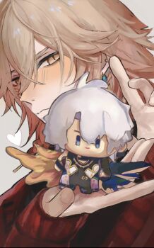 1boy allsun111 blonde_hair blush braid character_doll doll facial_tattoo gradient_hair hashtag-only_commentary honkai:_star_rail honkai_(series) long_sleeves looking_at_viewer male_focus medium_hair multicolored_hair mydei_(honkai:_star_rail) phainon_(honkai:_star_rail) red_hair red_sweater red_tattoo side_braid solo sweater tattoo yaoi yellow_eyes