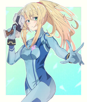 1girl aqua_background blonde_hair blue_bodysuit bodysuit border breasts commentary_request commission gradient_background green_eyes gun highres holding holding_gun holding_weapon long_hair looking_at_viewer metroid nintendo outside_border parted_lips ponytail reaching reaching_towards_viewer samus_aran sierra_(sierra_s252) solo weapon white_border zero_suit