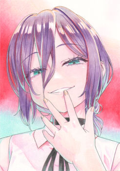 1girl black_choker black_ribbon blue_eyes chainsaw_man choker collared_shirt hair_between_eyes looking_at_viewer neck_ribbon purple_hair reze_(chainsaw_man) ribbon shirt sleeveless sleeveless_shirt solo white_shirt zanma