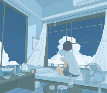 1girl absurdres barefoot bed bedroom blue_sky blue_theme bob_cut book bowl calendar_(object) carton cloud commentary_request contrail cool_colored curtains desk_lamp electric_fan fishbowl floating_curtains from_behind glass glass_jar grey_shorts hand_fan highres holding holding_fan indian_style indoors lamp limited_palette looking_outside ma_(mamamauuuuu) on_bed open_window original paper_fan piggy_bank pillow plate radio shirt short_hair short_sleeves shorts sitting sky slice_of_life solo water white_shirt wide_shot wind_chime window wooden_floor