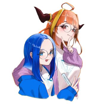 2girls absurdres ahoge arm_around_neck artist_self-insert blue_eyes blue_hair breasts dragon_horns eyebrows_hidden_by_hair fang forehead glasses height_difference highres hololive horns kiryu_coco large_breasts medium_breasts multicolored_hair multiple_girls orange_hair original pointy_ears red_eyes skin_fang streaked_hair tongue tongue_out two-tone_hair v virtual_youtuber yo_na