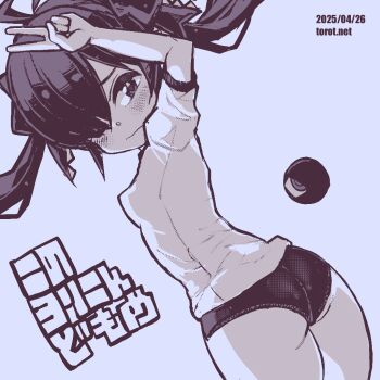 1girl ahoge arm_up ass backbeako_(torotei) backbeard blue_background blue_theme blush breasts buruma commentary cowboy_shot dated dated_commentary dutch_angle from_behind gegege_no_kitarou gym_shirt gym_uniform hair_over_one_eye hair_ribbon kono_lolicon_domome light_frown long_hair looking_at_viewer looking_back monochrome one_eye_closed open_mouth original paid_reward_available petite pointy_ears ribbon shirt simple_background small_breasts solo torotei translated twintails v watermark web_address