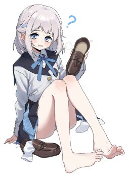 Rule 34 | 1girl, ?, absurdres, bare legs, barefoot, blue eyes, blue hair, blue ribbon, blue skirt, blush, brown shoes, convenient leg, dorsiflexion, feet, full body, gakuen idolmaster, grey hair, hashtag-only commentary, highres, holding, holding shoes, holding unworn clothes, idolmaster, katsuragi lilja, knees together feet apart, knees up, legs, long sleeves, looking at viewer, mcwanderer, medium hair, miniskirt, multicolored hair, nail polish, neck ribbon, open mouth, panties, pleated skirt, ribbon, school uniform, shoes, sidelocks, simple background, sitting, skirt, socks, solo, streaked hair, sweat, sweatdrop, thighs, toenail polish, toenails, toes, underwear, unworn shoes, unworn socks, white background, white panties, white socks