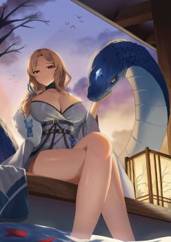 1girl absurdres animal asymmetrical_hair bare_legs bare_tree bird blue_gem blue_ribbon breasts brown_hair cleavage closed_mouth cloud cloudy_sky commentary crossed_legs curtained_hair from_below fur-trimmed_kimono fur_trim gem giant_snake goddess_of_victory:_nikke hair_over_shoulder hair_ribbon highres japanese_clothes kimono lantern large_breasts long_hair looking_at_viewer ludmilla_(nikke) ludmilla_(winter_owner)_(nikke) official_alternate_costume onsen outdoors oversized_animal paper_lantern parted_bangs red_eyes ribbon sitting sky smile snake soaking_feet solo sunset tree white_kimono yeongae1211