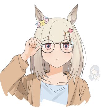 2girls ^_^ absurdres animal_ears blue_shirt blunt_bangs brown_jacket chibi chibi_inset closed_eyes closed_mouth commentary english_commentary flower frown grey_hair hair_flower hair_ornament hands_clasped_in_delight happy_meek_(umamusume) highres horse_ears horse_girl jacket kiryuuin_aoi looking_at_viewer medium_hair multiple_girls myticalcat open_clothes open_jacket pink_eyes shirt simple_background solo_focus umamusume white_background