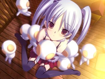 1girl :o bare_shoulders black_thighhighs breasts dungeon_crusaderz_(series) dungeon_crusaderz_2 dutch_angle from_above game_cg looking_at_viewer m&amp;m_(mickey_and_mackey) nada_(dungeon_crusaderz) red_eyes sitting thighhighs twintails wariza white_hair