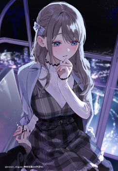 black_nails blue_eyes blush breasts chigusa_minori commentary_request dress female_pov ferris_wheel_interior gradient_nails grey_dress grey_hair highres large_breasts long_hair long_sleeves nail_polish open_mouth pov saotome_shino_(shino_to_ren) shino_to_ren shirayuki_ren shirt solo_focus sweatdrop white_shirt