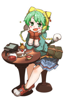 1girl :d amonitto atelier_(series) atelier_shallie bag blue_shirt blue_skirt blush book cake coffee coffee_pot cup female_focus fingerless_gloves food fork fruit full_body gloves green_eyes green_hair hat head_rest matching_hair/eyes mont_blanc_(food) open_mouth plaid_clothes plaid_skirt shallotte_elminus shirt shoes short_hair sitting skirt smile solo strawberry table