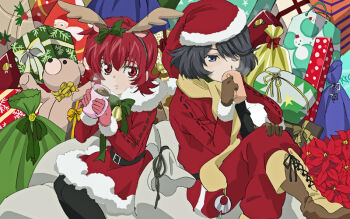 1boy 1girl black_hair boots box christmas closed_mouth dress fumiko_(mesushi) fur-trimmed_dress fur_trim gift gift_box hat iria_animi kongwai_tao looking_at_viewer sack santa_costume santa_dress santa_hat scarf short_hair stuffed_animal stuffed_toy tales_of_(series) tales_of_innocence tales_of_innocence_r teddy_bear
