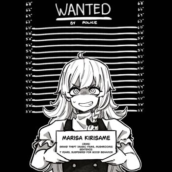 1girl ahoge bow braid buttons character_name english_text greyscale grin hair_bow hayoibu height_chart height_mark highres holding holding_sign kirisame_marisa long_hair looking_at_viewer monochrome mugshot short_sleeves sign single_braid smile solo sweatdrop touhou upper_body vest