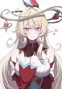 1girl ahoge alice_(genshin_impact) bare_shoulders blonde_hair breasts brown_gloves cleavage closed_mouth commentary_request detached_sleeves genshin_impact gloves hair_between_eyes hand_up heart highres large_breasts long_hair looking_at_viewer mochi_mochi052 pointy_ears pyro_symbol_(genshin_impact) red_eyes red_sleeves simple_background smile solo star_(symbol) star_in_eye strapless symbol_in_eye upper_body very_long_hair white_background